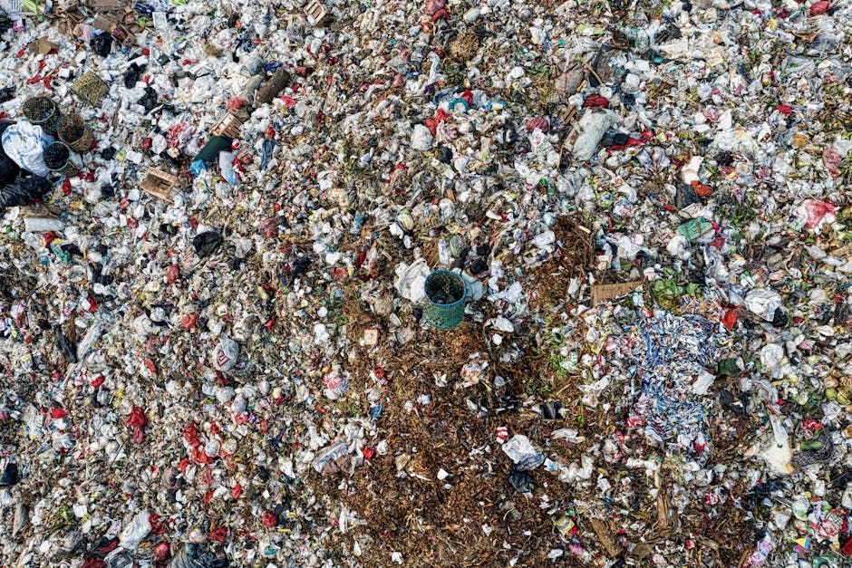 An expansive view of a large landfill site densely covered with mixed waste materials. The surface is uneven and cluttered with various types of rubbish, including plastic bags, crumpled paper, cardboard pieces, and discarded household items. In the center, there is a small blue plastic bucket partially embedded among the waste, with surrounding soil and decomposing debris visible underneath. To the left, several black plastic bins are stacked or placed nearby, indicating waste collection points. The environment appears outdoors, with no clear boundaries or fencing in sight, and the lighting suggests daylight conditions. The overall scene reflects an unmanaged, open waste disposal area, illustrating the scale and variety of refuse involved in alternative rubbish removal methods, such as private collection or on-site clearance, outside of typical municipal services. Waste Removal Fulham often handles such contaminated sites, offering professional rubbish removal for residential or commercial properties with significant waste accumulation.